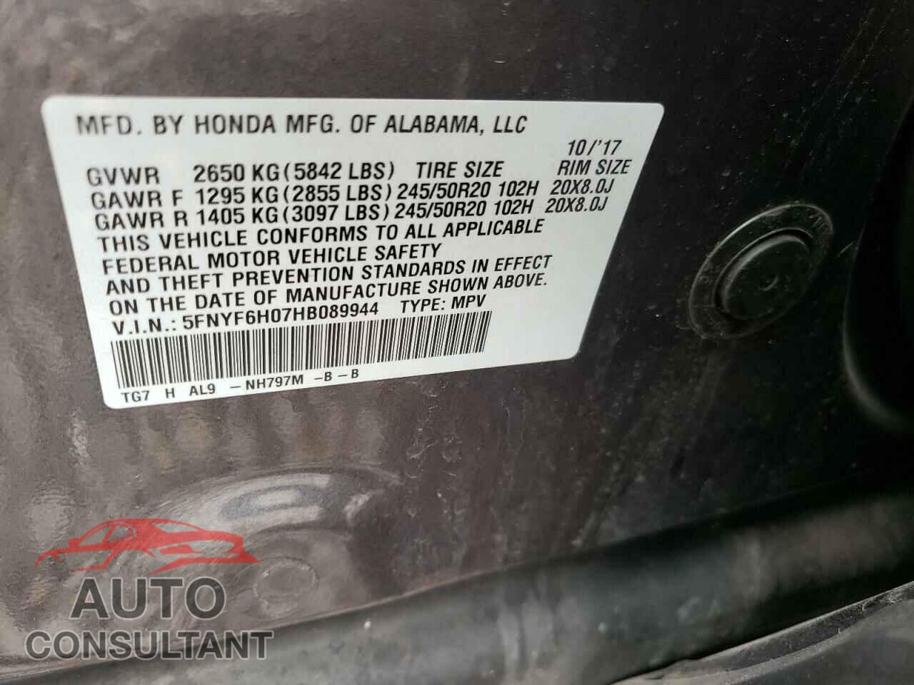 HONDA PILOT 2017 - 5FNYF6H07HB089944