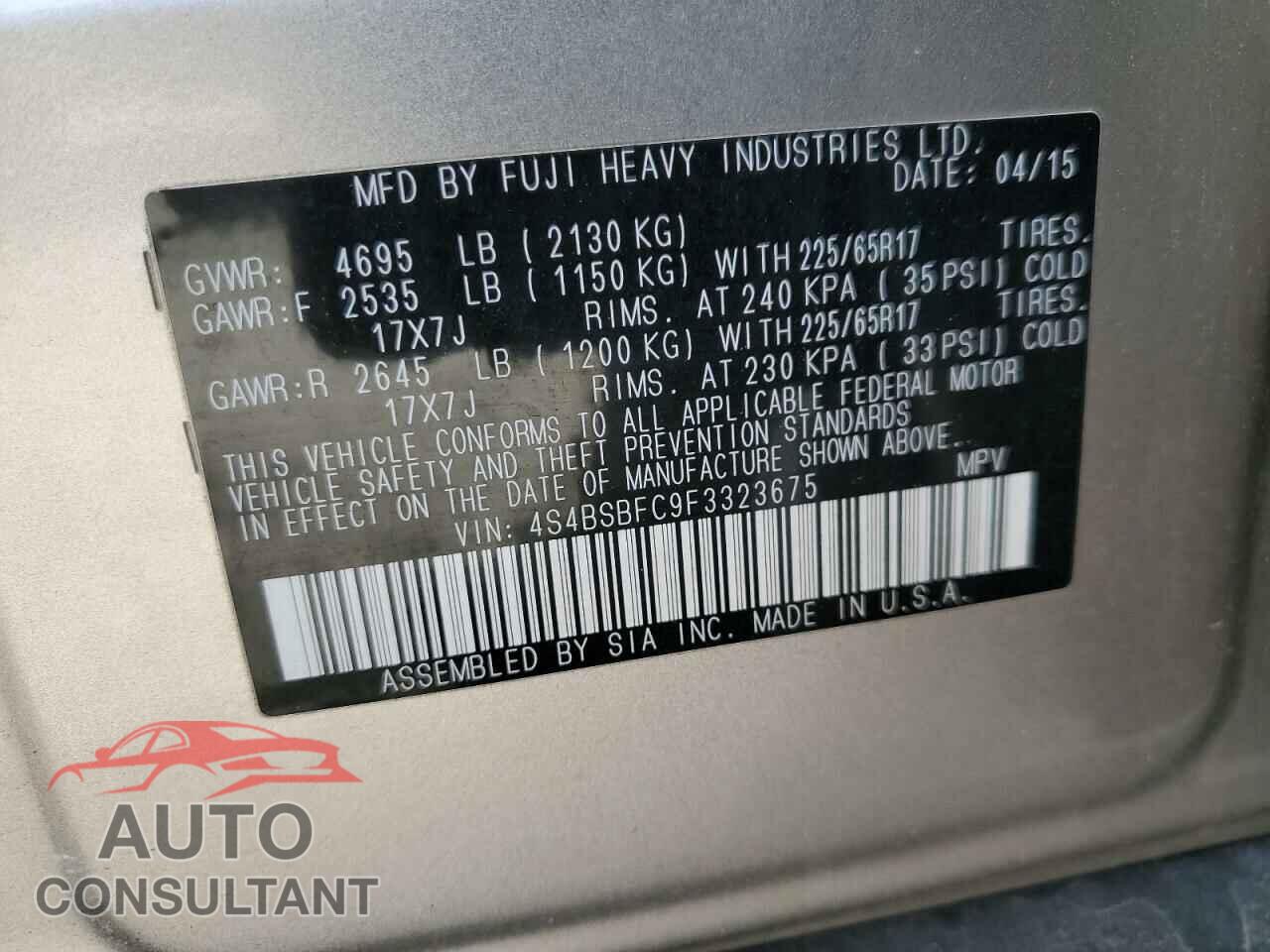 SUBARU OUTBACK 2015 - 4S4BSBFC9F3323675