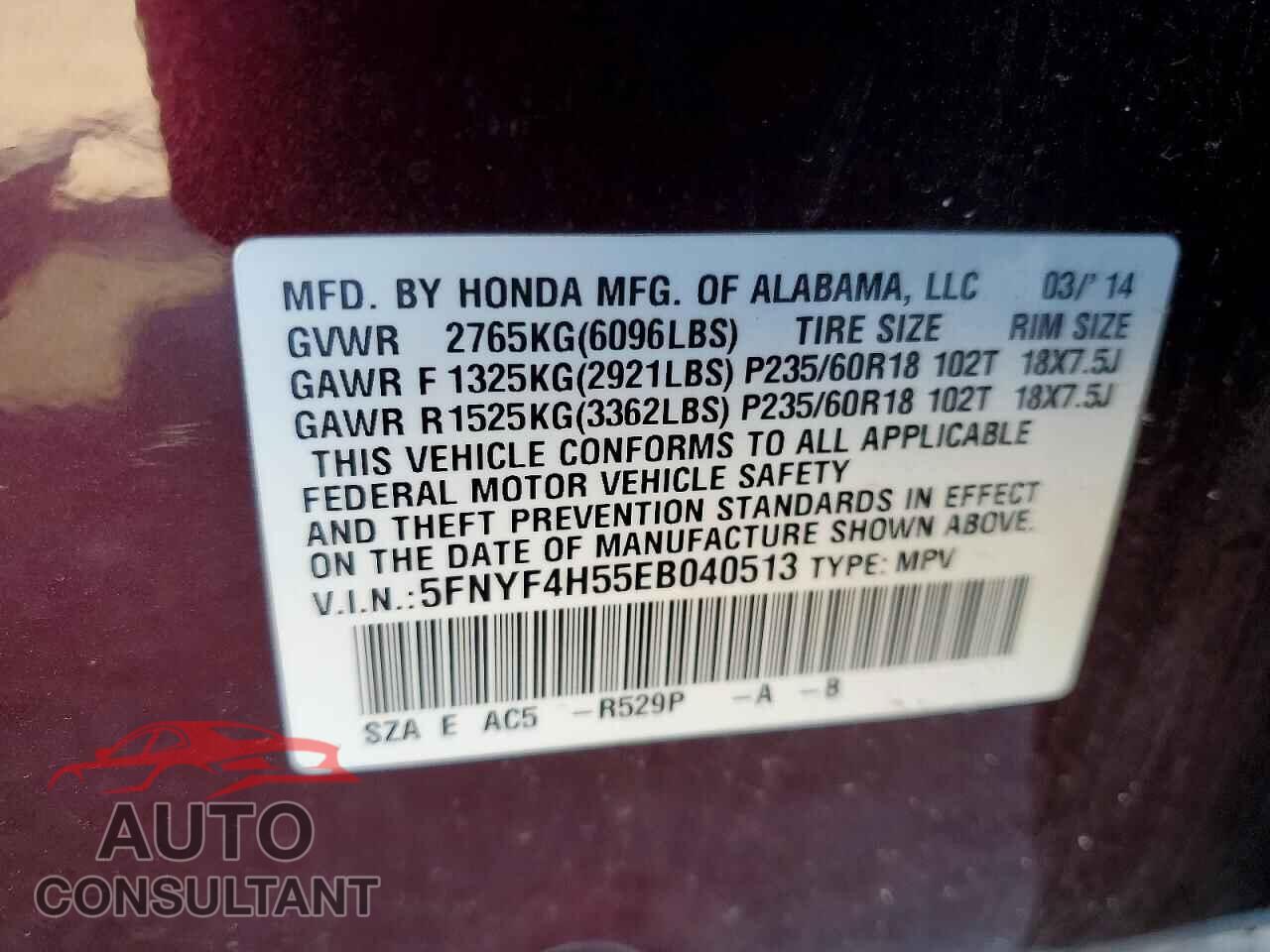 HONDA PILOT 2014 - 5FNYF4H55EB040513