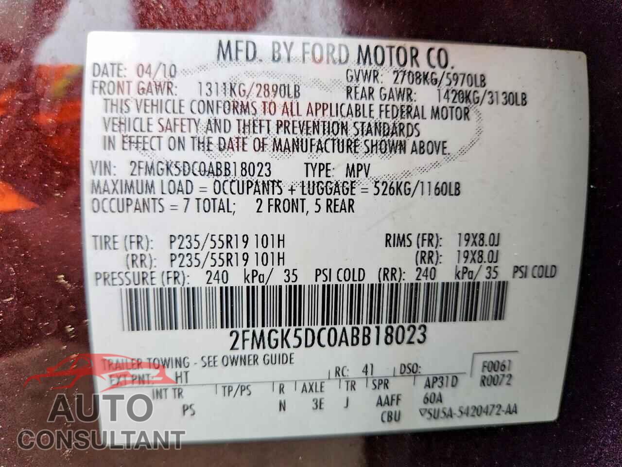 FORD FLEX 2010 - 2FMGK5DC0ABB18023