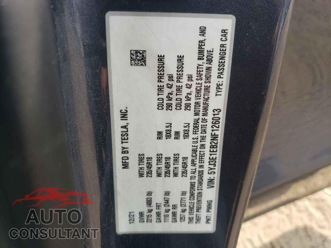 TESLA MODEL 3 2022 - 5YJ3E1EB2NF126013