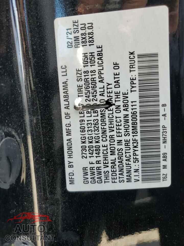 HONDA RIDGELINE 2021 - 5FPYK3F18MB006111
