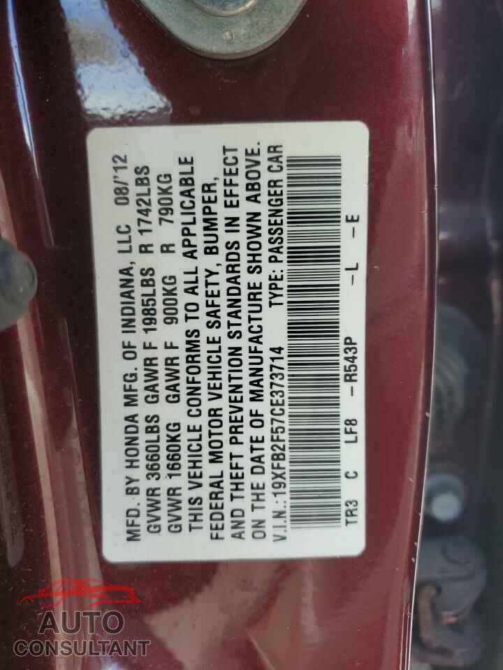 HONDA CIVIC 2012 - 19XFB2F57CE373714