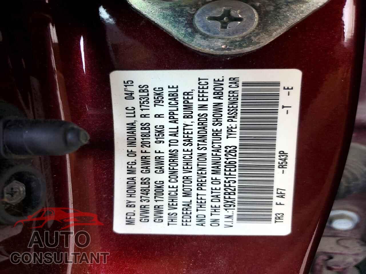 HONDA CIVIC 2015 - 19XFB2F51FE061263