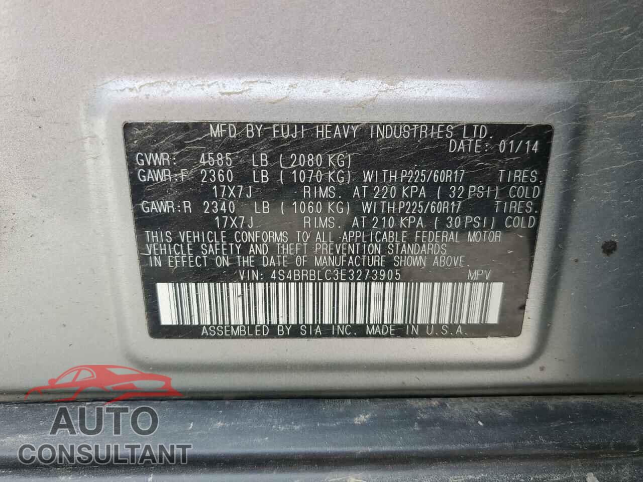 SUBARU OUTBACK 2014 - 4S4BRBLC3E3273905