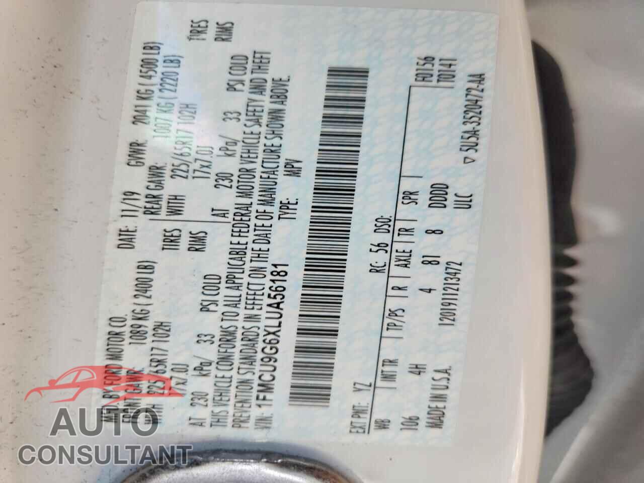 FORD ESCAPE 2020 - 1FMCU9G6XLUA56181