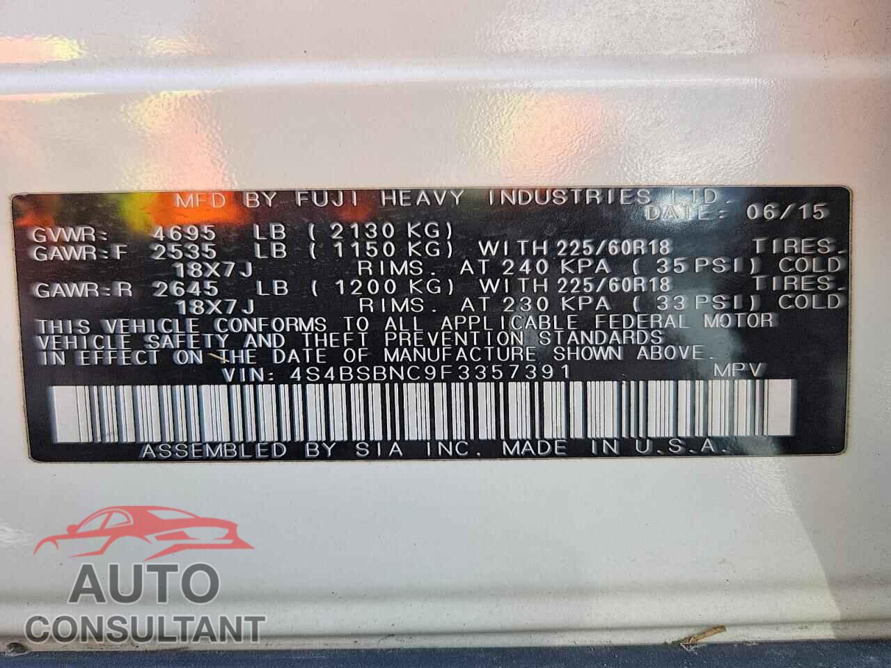 SUBARU OUTBACK 2015 - 4S4BSBNC9F3357391