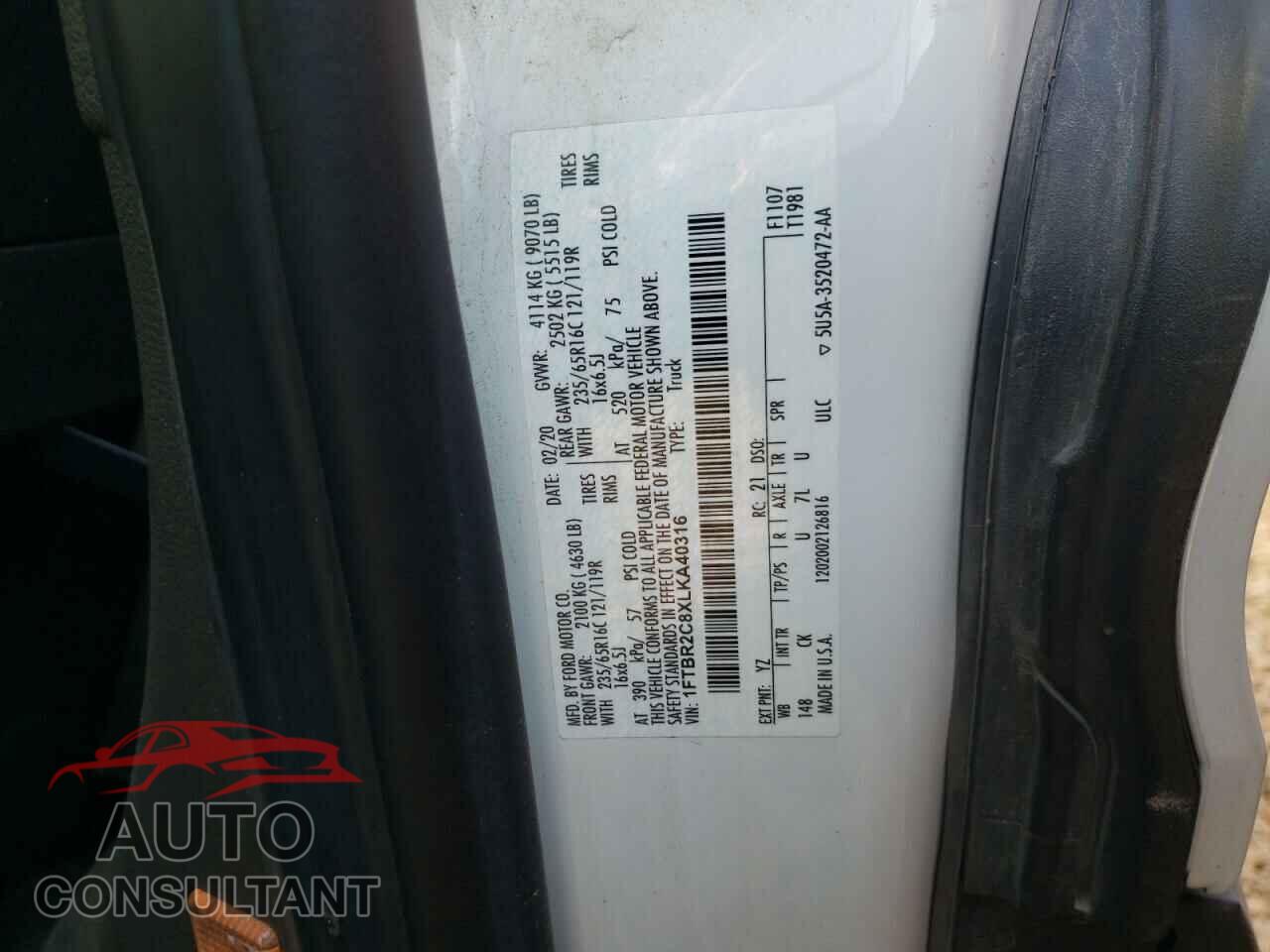 FORD TRANSIT CO 2020 - 1FTBR2C8XLKA40316