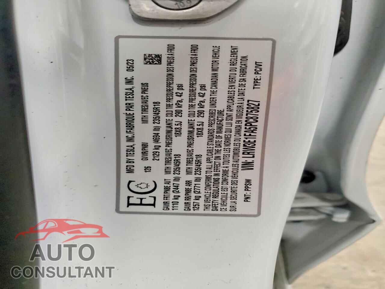 TESLA MODEL 3 2023 - LRW3E1FA5PC875827