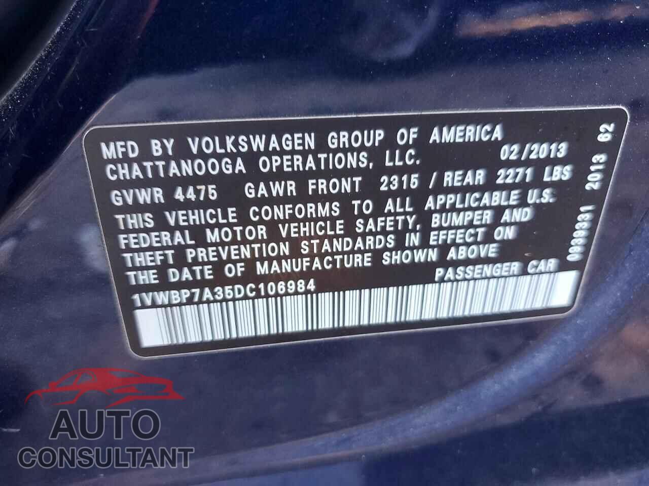 VOLKSWAGEN PASSAT 2013 - 1VWBP7A35DC106984