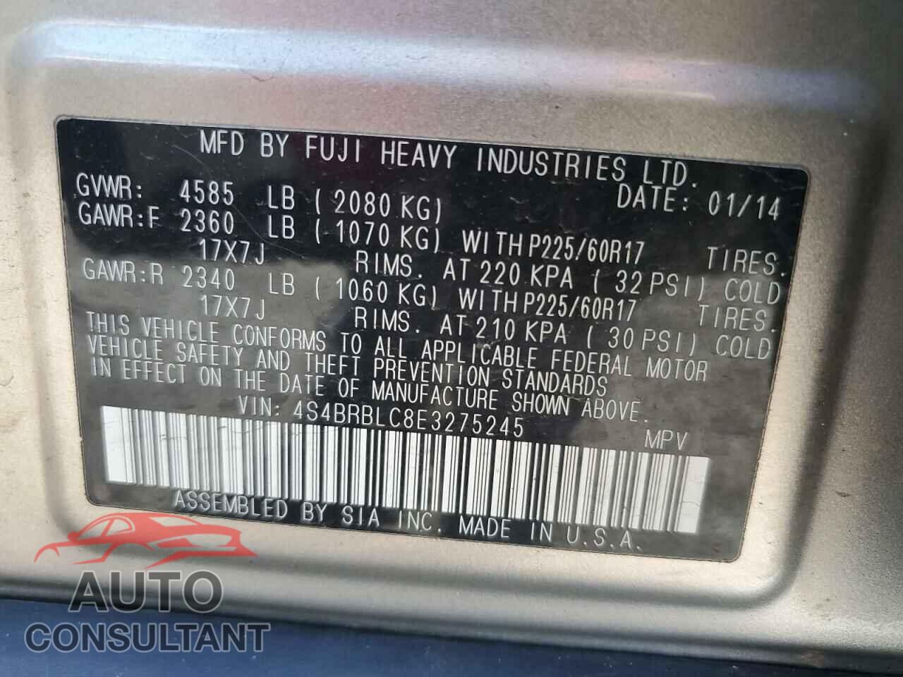 SUBARU OUTBACK 2014 - 4S4BRBLC8E3275245