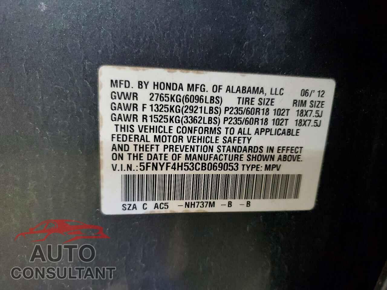 HONDA PILOT 2012 - 5FNYF4H53CB069053