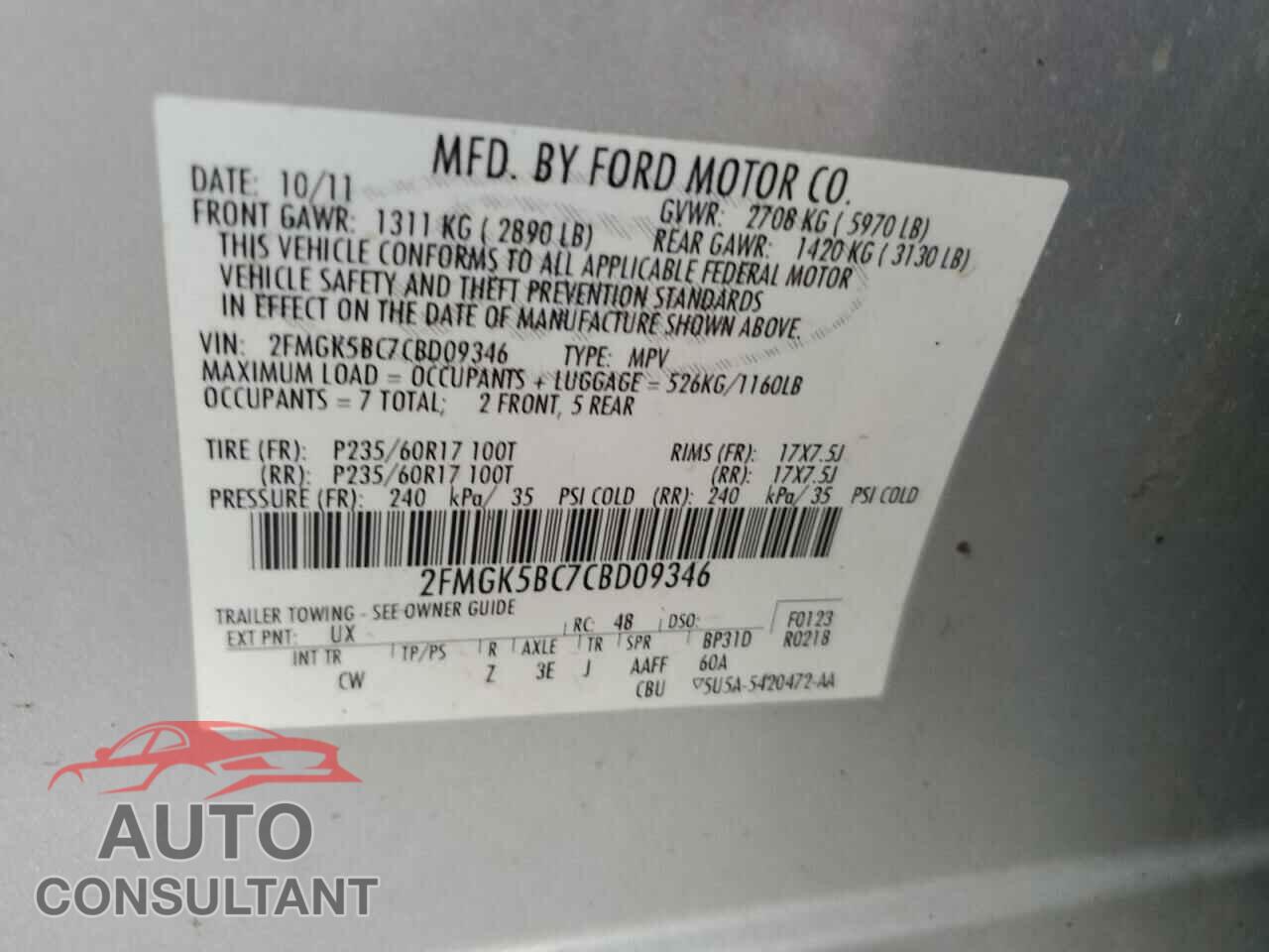 FORD FLEX 2012 - 2FMGK5BC7CBD09346