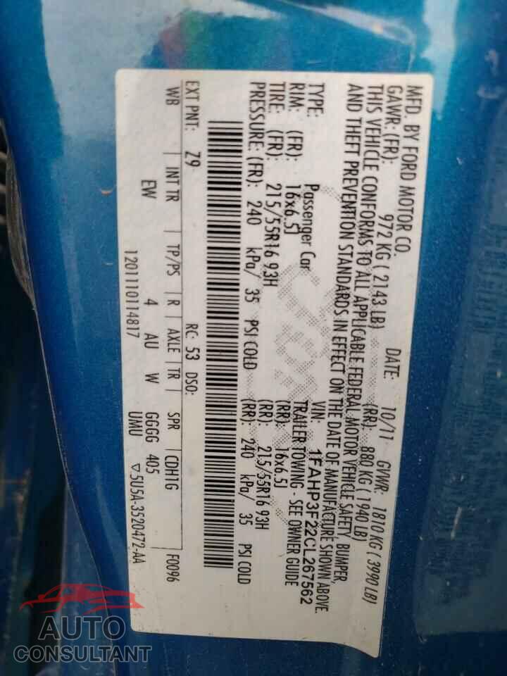 FORD FOCUS 2012 - 1FAHP3F22CL267562