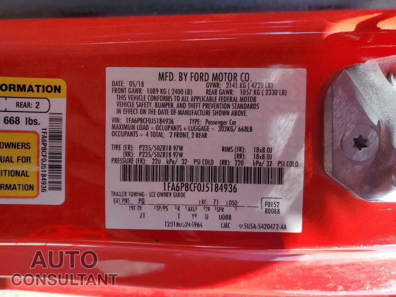 FORD MUSTANG 2018 - 1FA6P8CF0J5184936