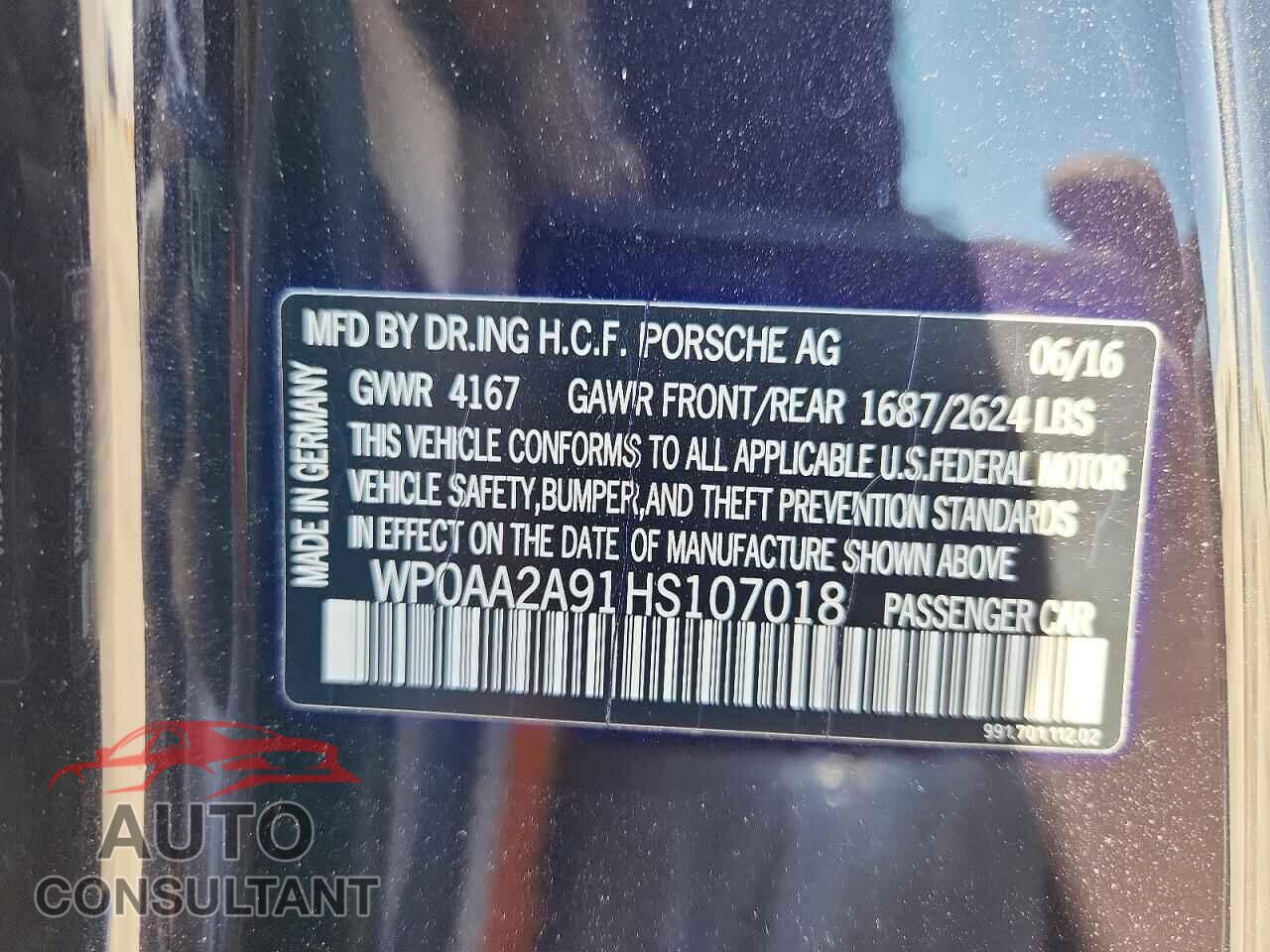 PORSCHE 911 2017 - WP0AA2A91HS107018