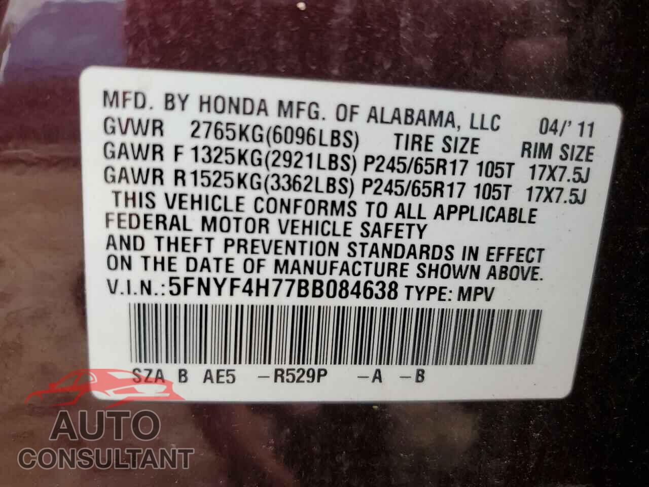 HONDA PILOT 2011 - 5FNYF4H77BB084638