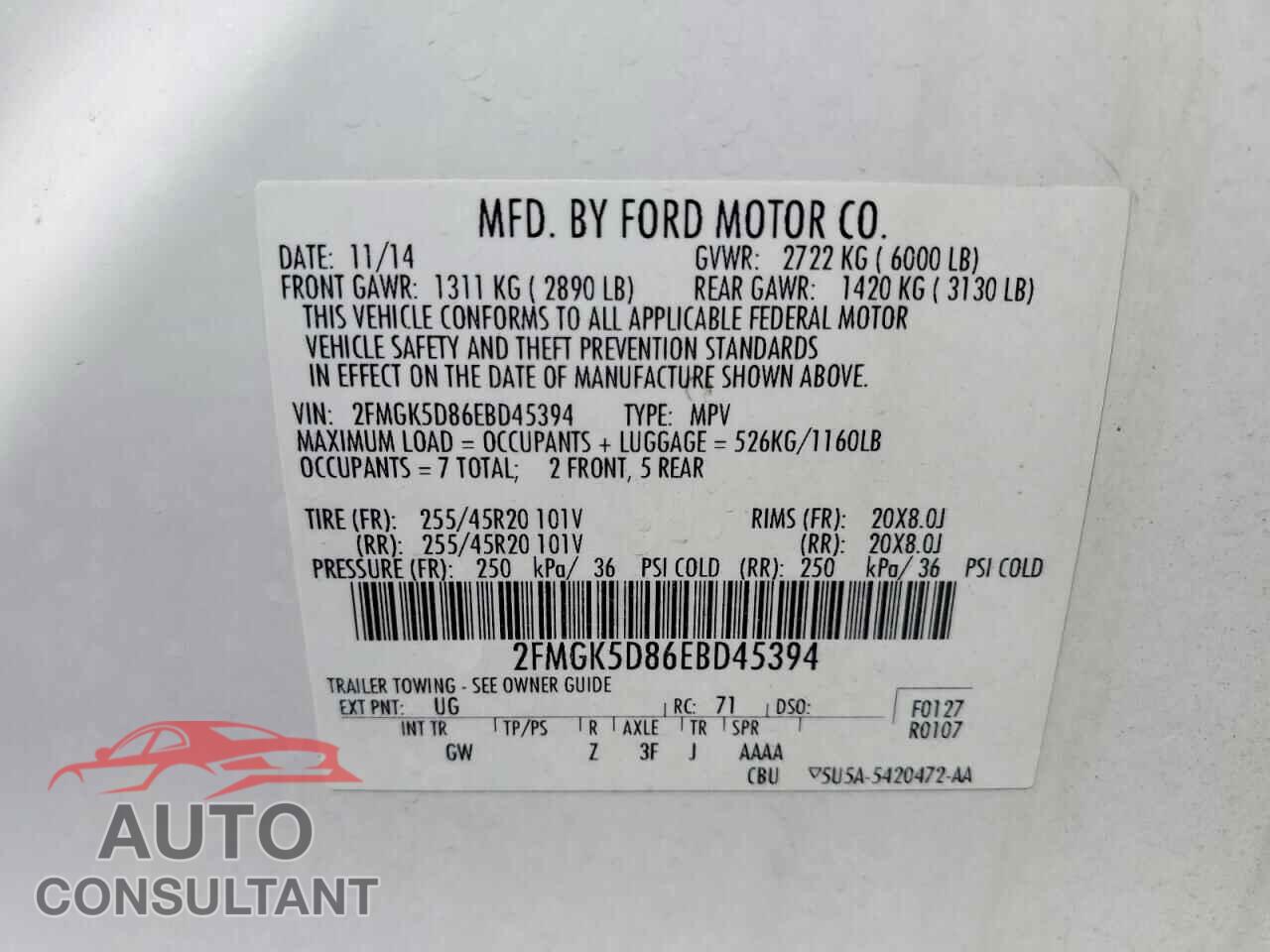 FORD FLEX 2014 - 2FMGK5D86EBD45394