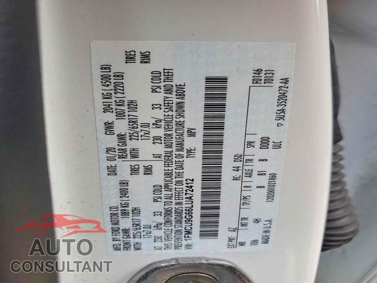 FORD ESCAPE 2020 - 1FMCU9G66LUA72412