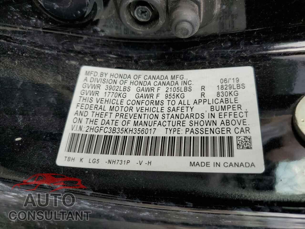 HONDA CIVIC 2019 - 2HGFC3B35KH356017