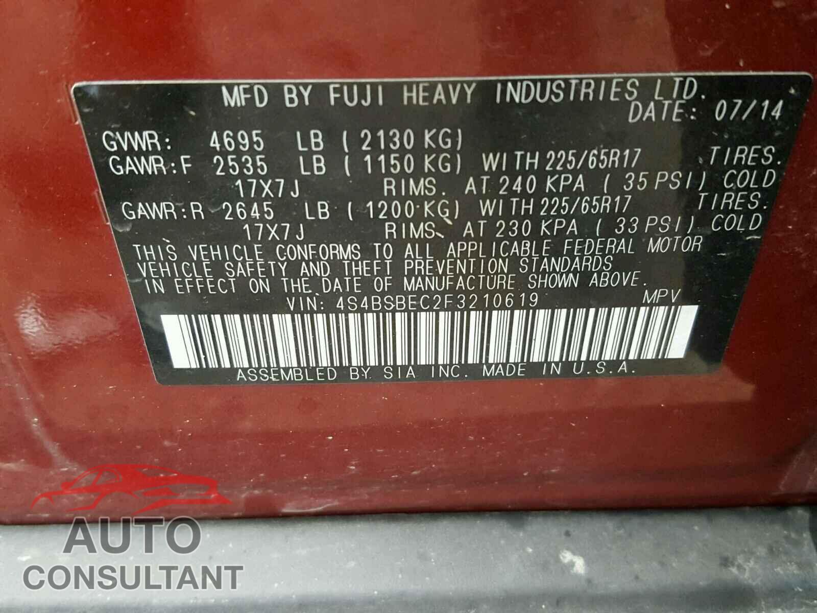 SUBARU OUTBACK 2. 2015 - 4S4BSBEC2F3210619
