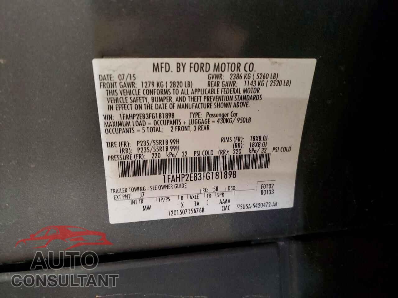 FORD TAURUS 2015 - 1FAHP2E83FG181898