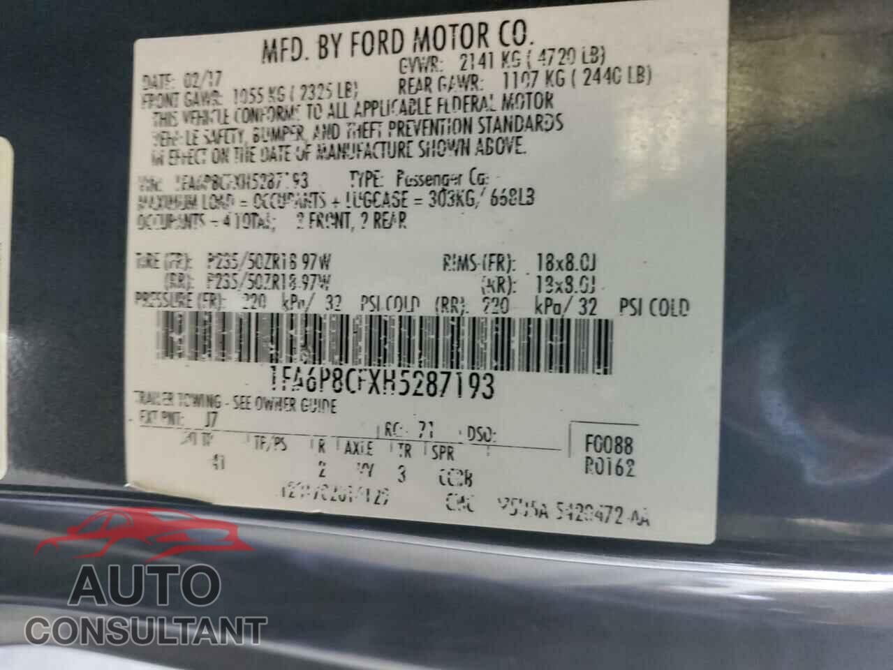 FORD MUSTANG 2017 - 1FA6P8CFXH5287193