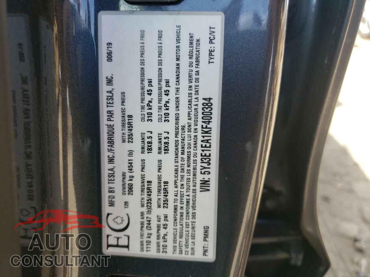 TESLA MODEL 3 2019 - 5YJ3E1EA1KF400384