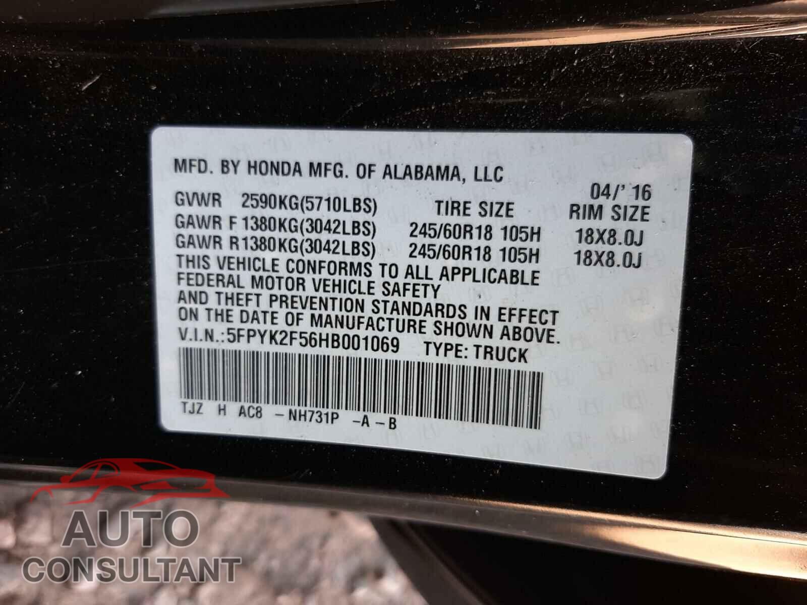 HONDA RIDGELINE 2017 - 5FPYK2F56HB001069
