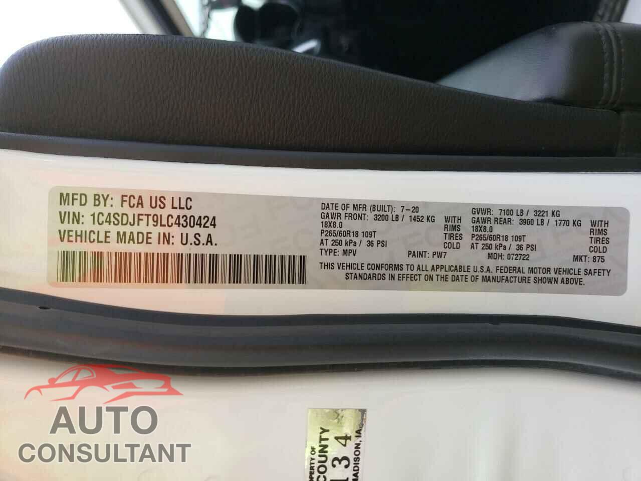 DODGE DURANGO 2020 - 1C4SDJFT9LC430424