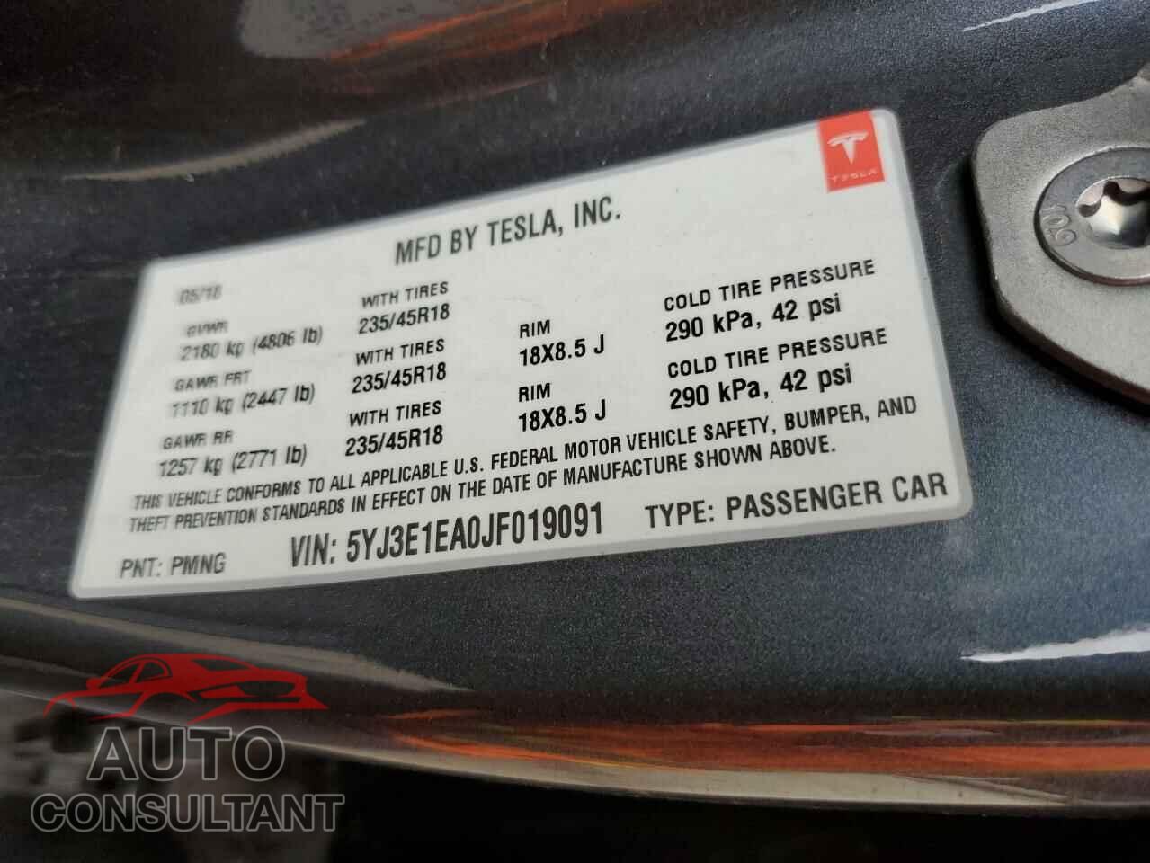 TESLA MODEL 3 2018 - 5YJ3E1EA0JF019091