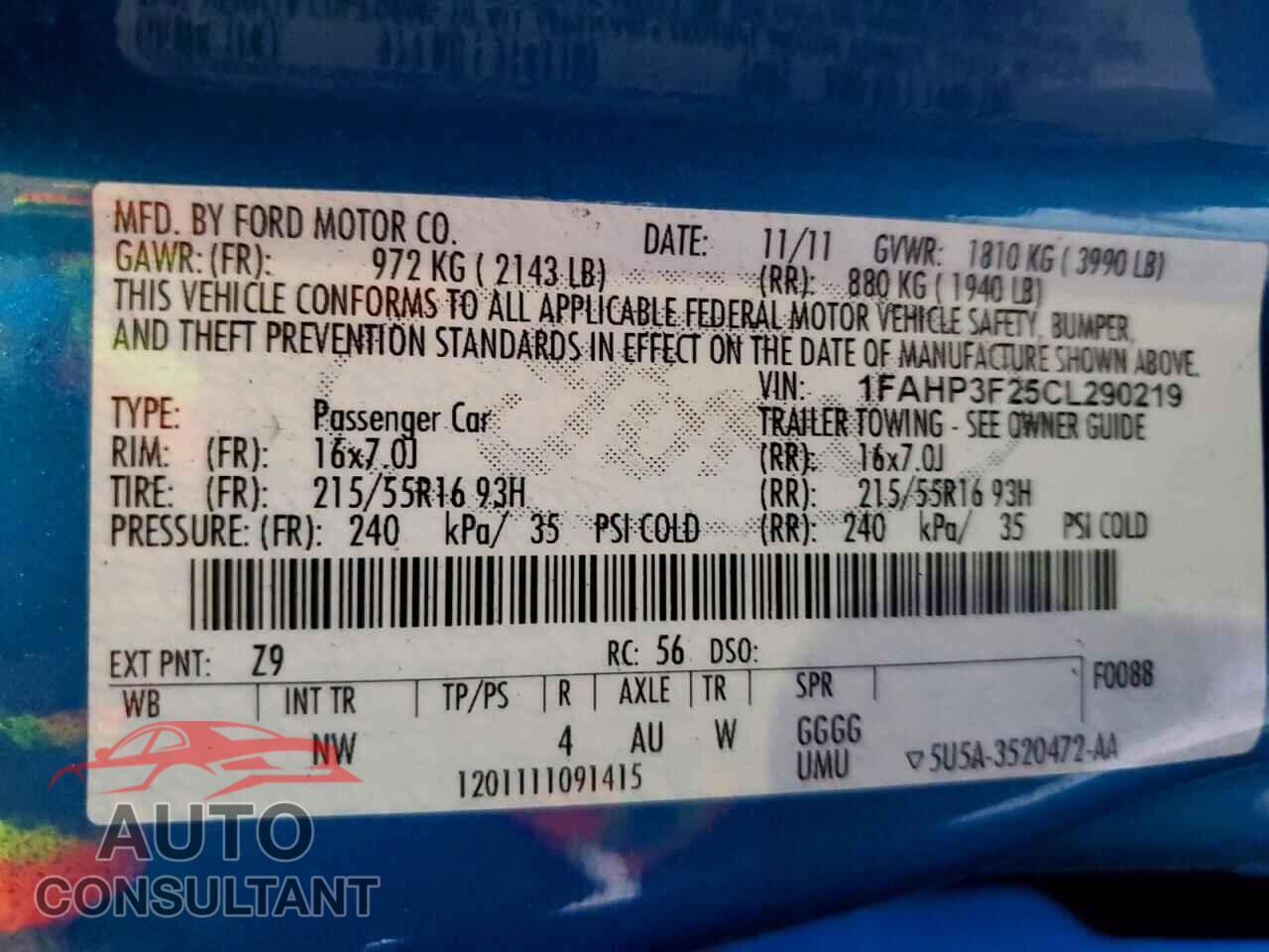 FORD FOCUS 2012 - 1FAHP3F25CL290219