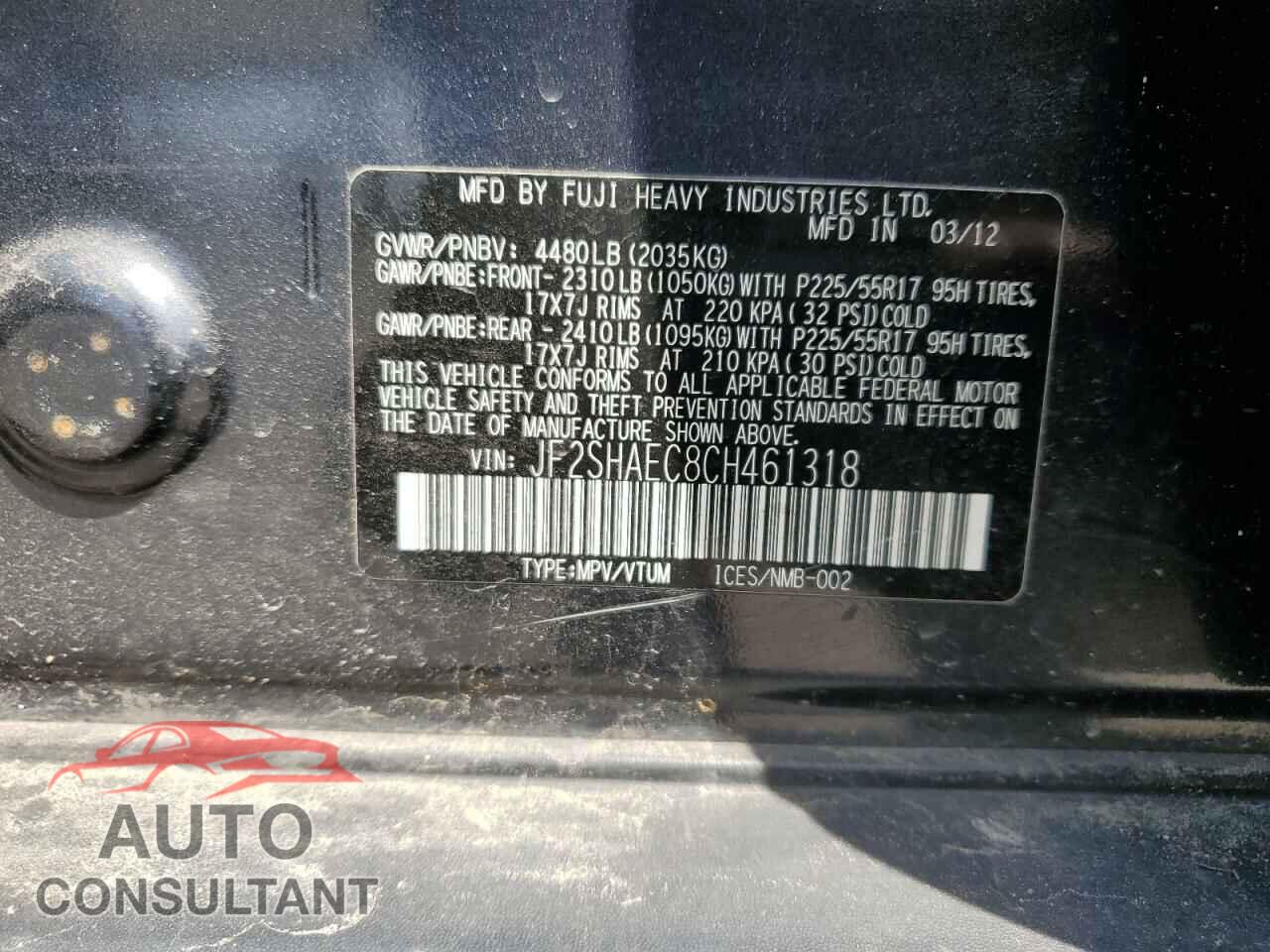 SUBARU FORESTER 2012 - JF2SHAEC8CH461318