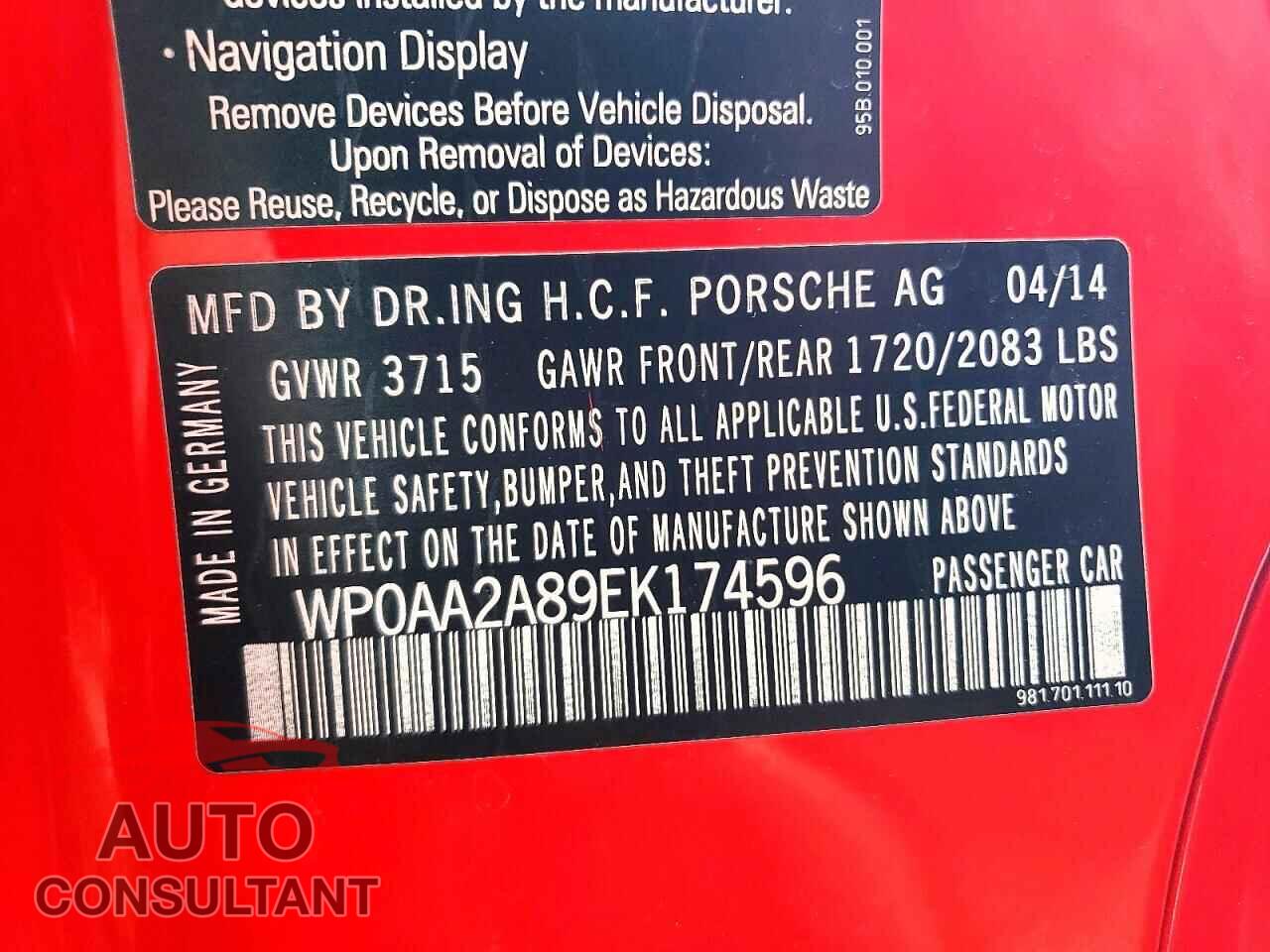 PORSCHE CAYMAN 2014 - WP0AA2A89EK174596