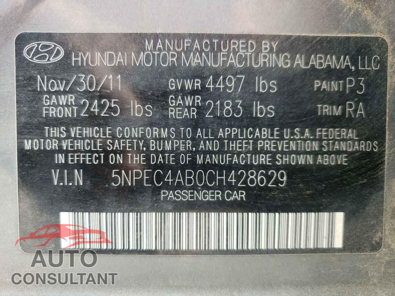 HYUNDAI SONATA 2012 - 5NPEC4AB0CH428629