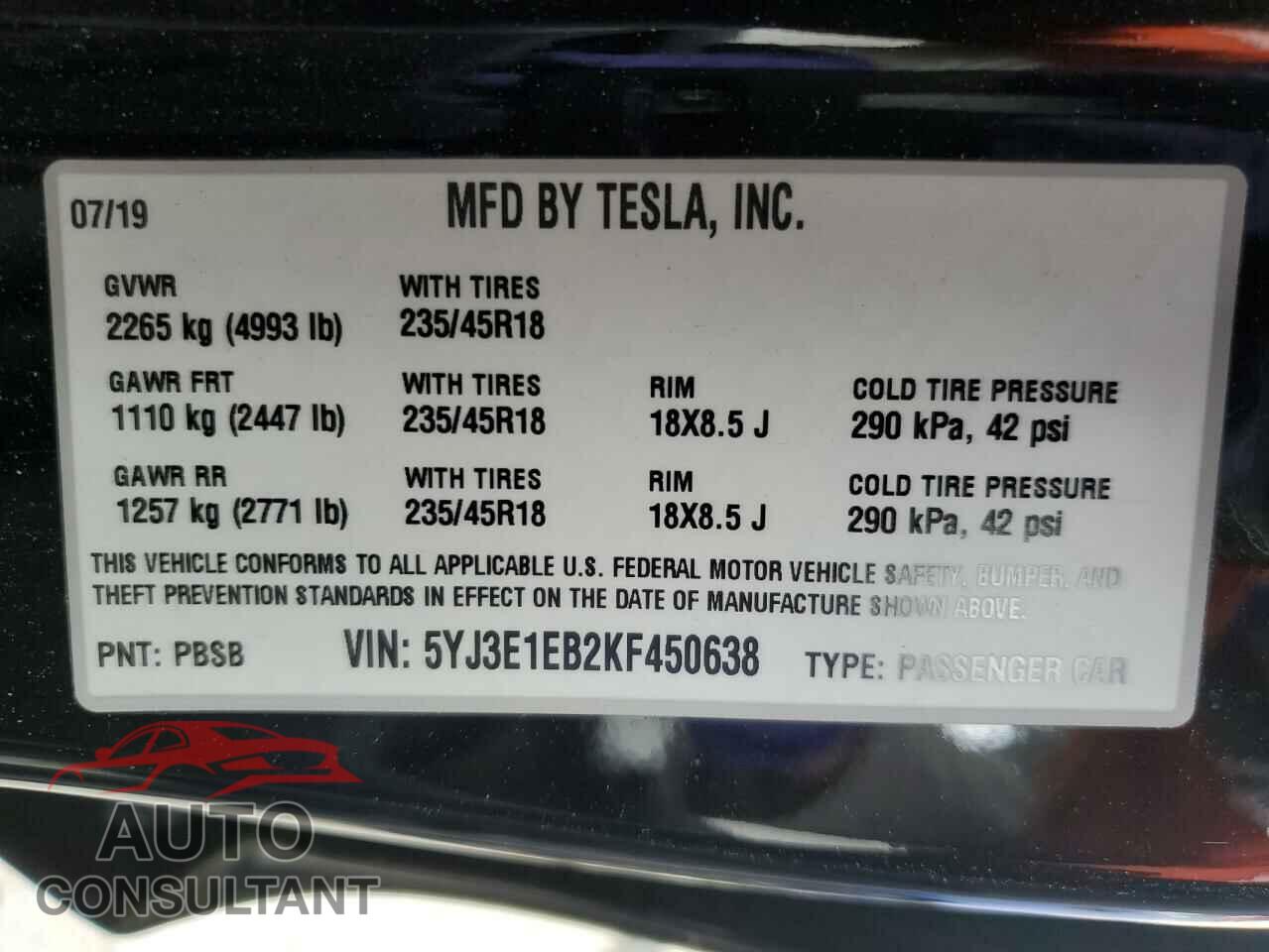 TESLA MODEL 3 2019 - 5YJ3E1EB2KF450638
