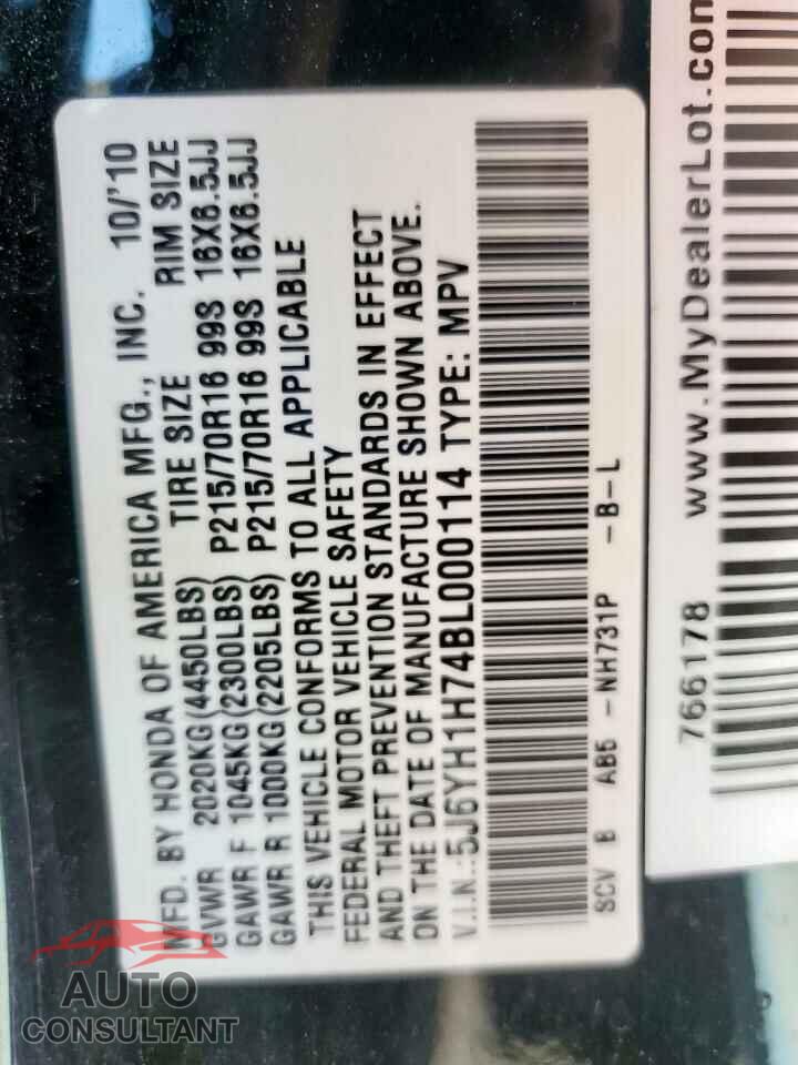 HONDA ELEMENT 2011 - 5J6YH1H74BL000114