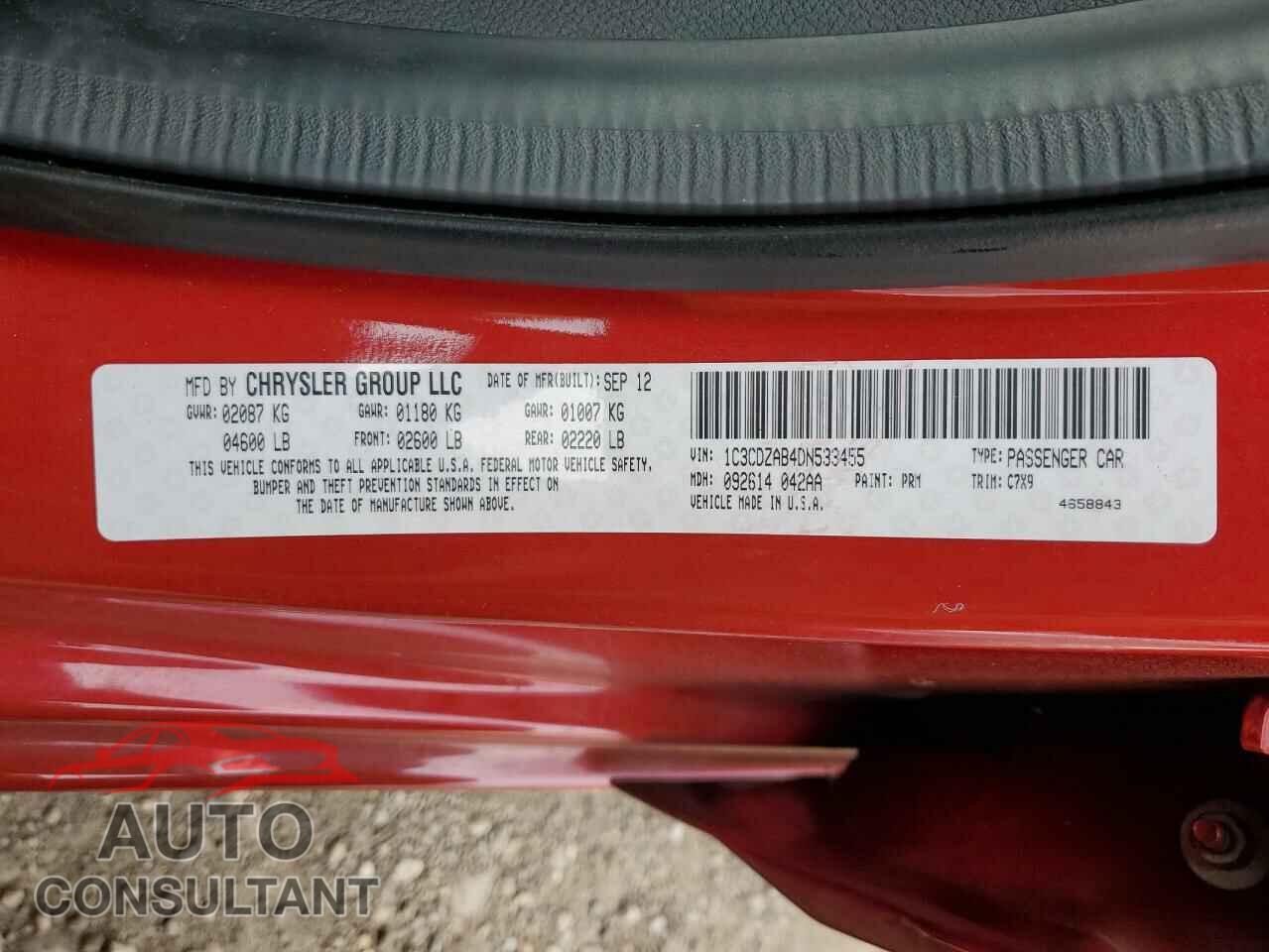 DODGE AVENGER 2013 - 1C3CDZAB4DN533455