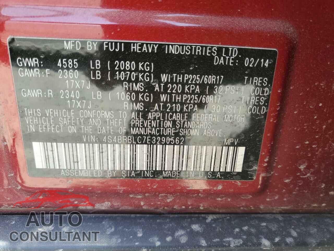 SUBARU OUTBACK 2014 - 4S4BRBLC7E3290562