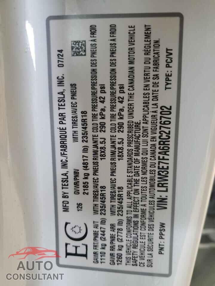 TESLA MODEL 3 2024 - LRW3E7FA6RC276702
