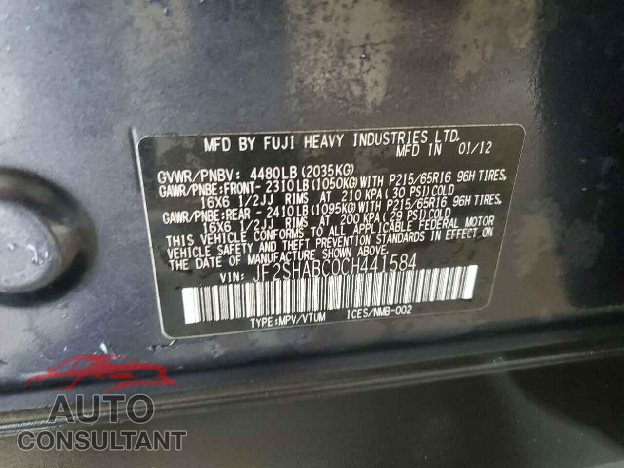 SUBARU FORESTER 2012 - JF2SHABC0CH441584