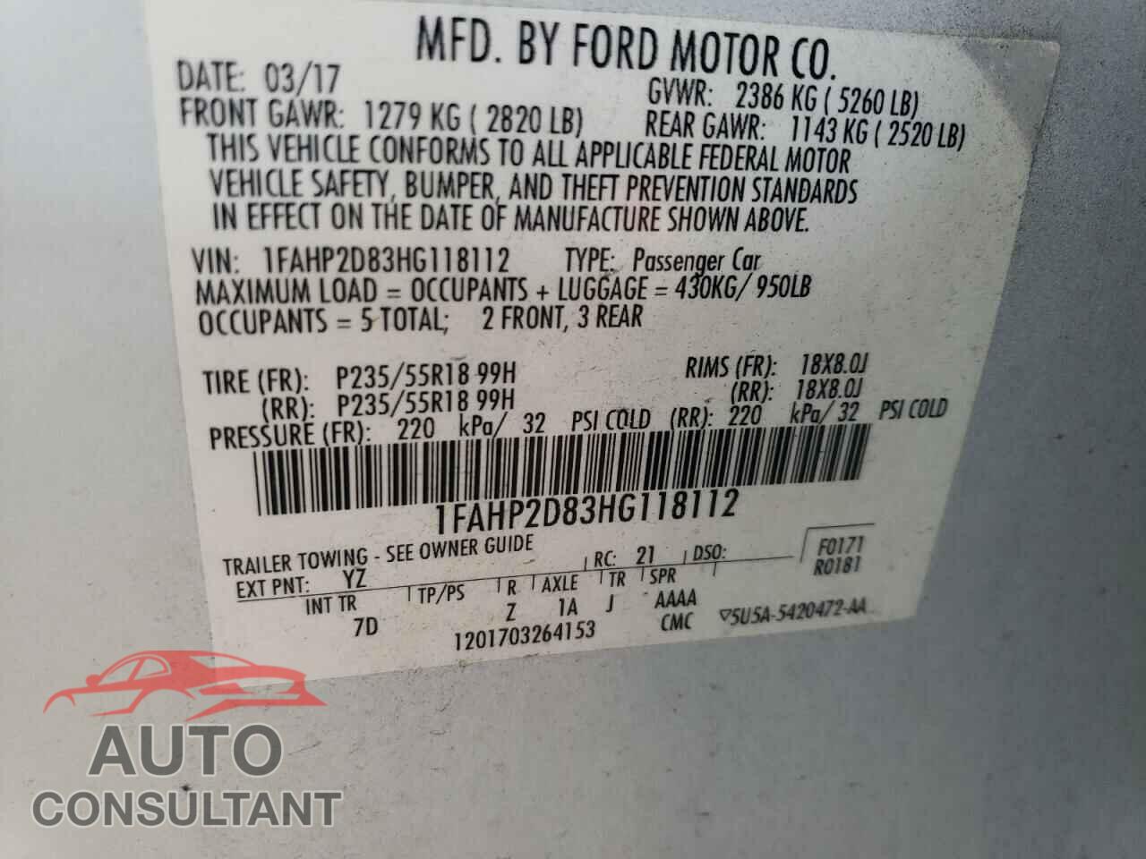 FORD TAURUS 2017 - 1FAHP2D83HG118112