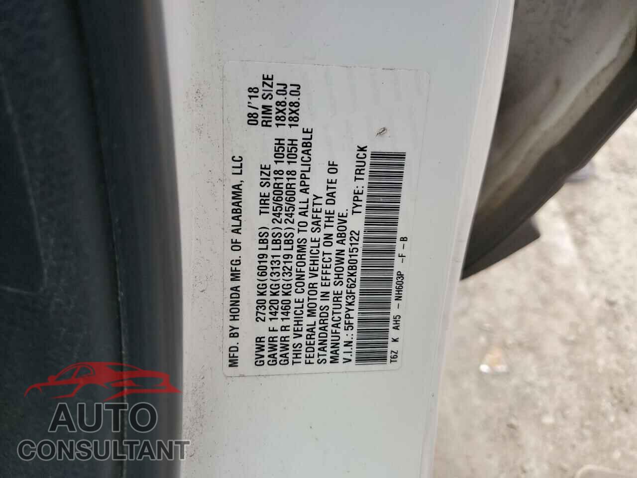 HONDA RIDGELINE 2019 - 5FPYK3F62KB015122
