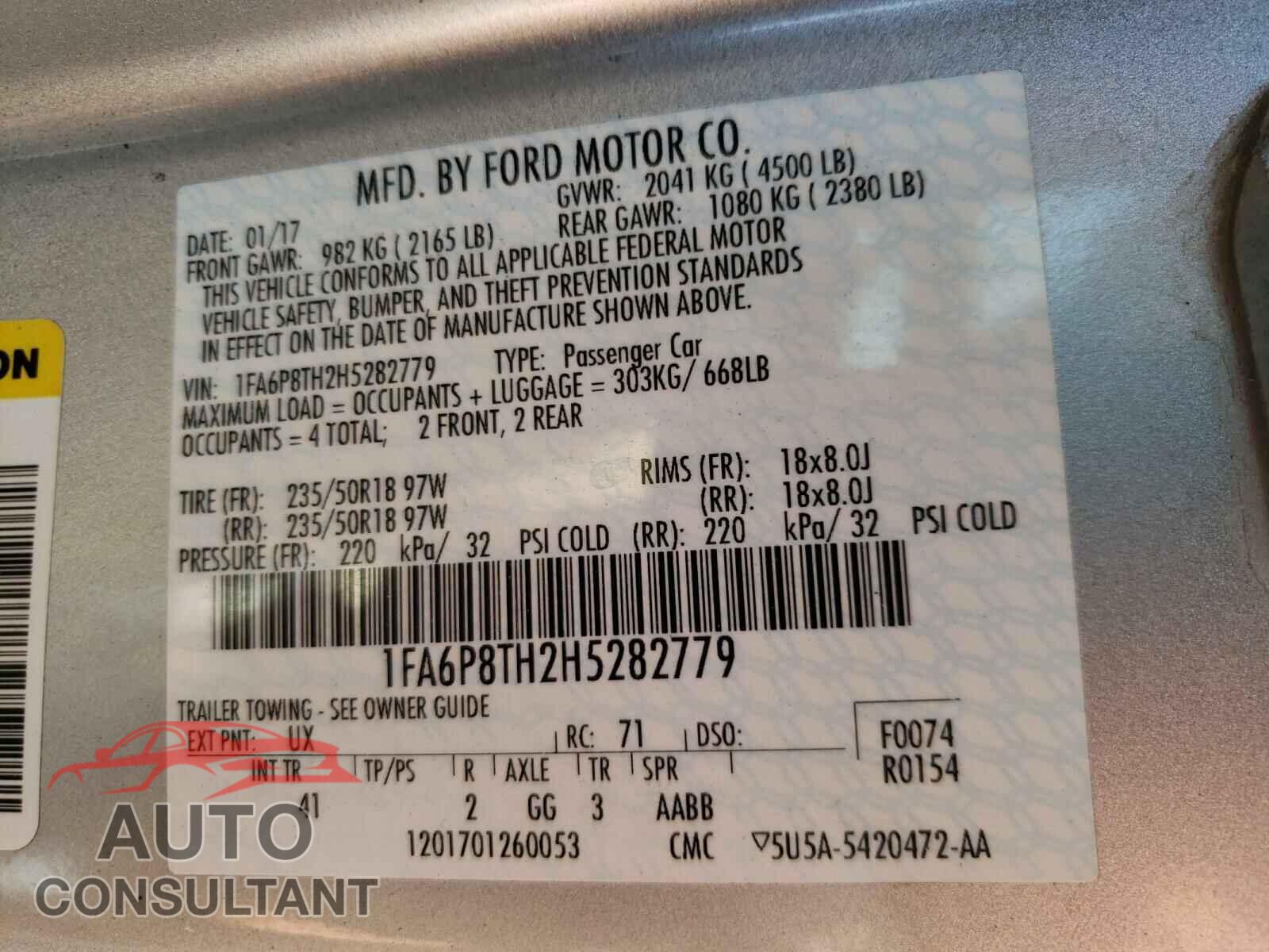 FORD MUSTANG 2017 - 1FA6P8TH2H5282779