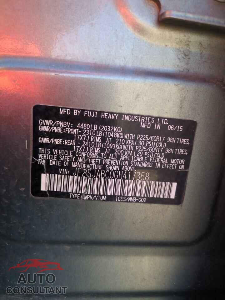 SUBARU FORESTER 2016 - JF2SJABC0GH417358