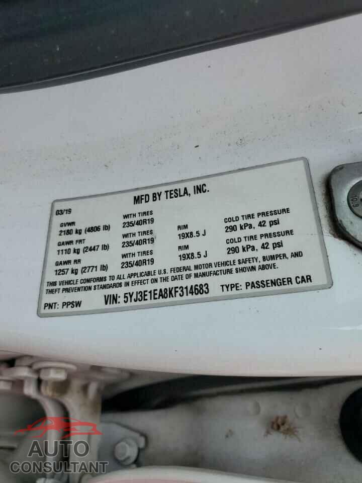TESLA MODEL 3 2019 - 5YJ3E1EA8KF314683