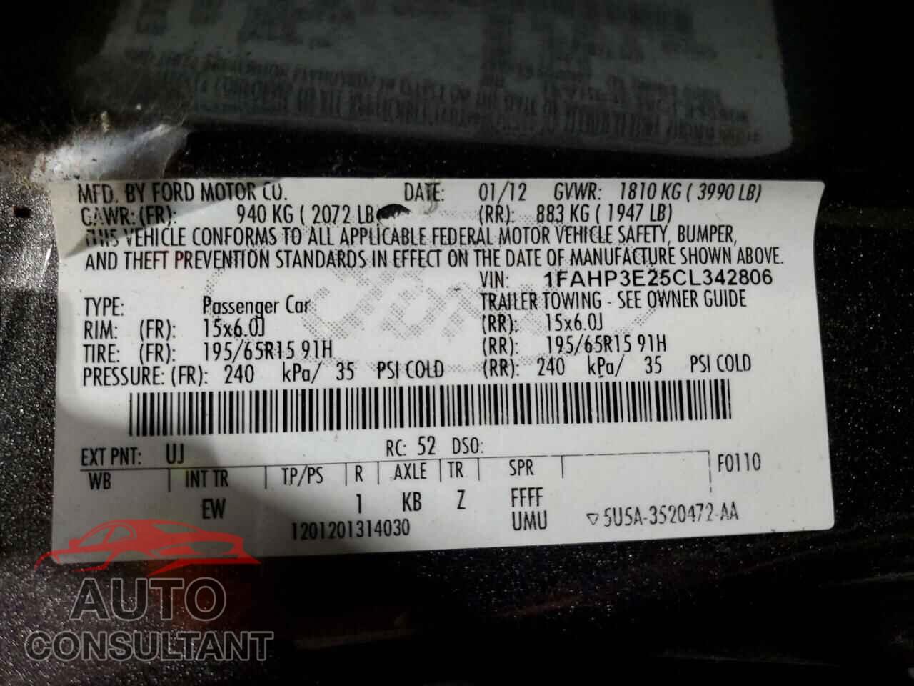 FORD FOCUS 2012 - 1FAHP3E25CL342806