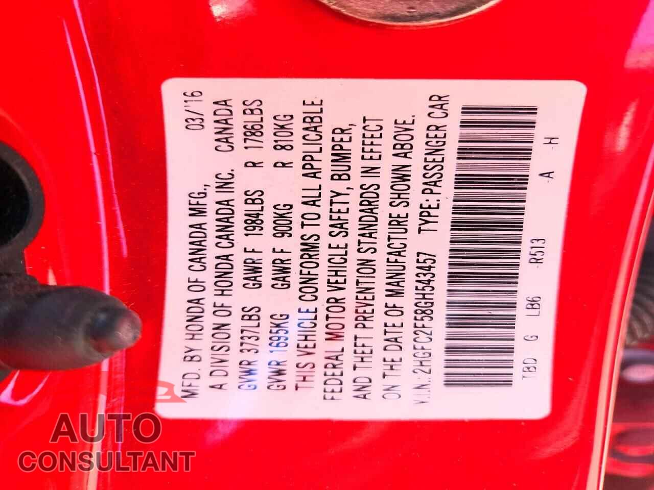 HONDA CIVIC 2016 - 2HGFC2F58GH543457