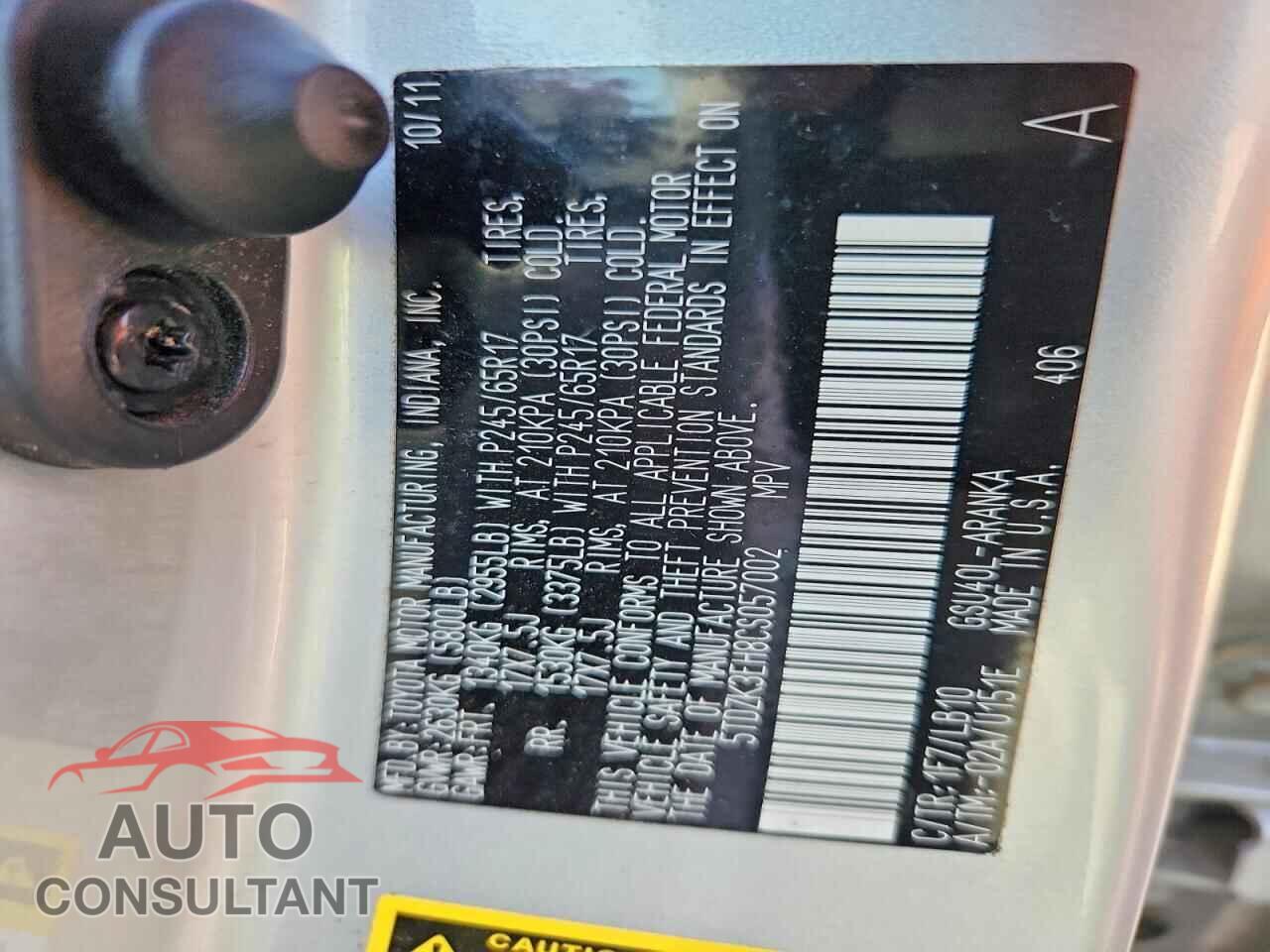 TOYOTA HIGHLANDER 2012 - 5TDZK3EH8CS057002
