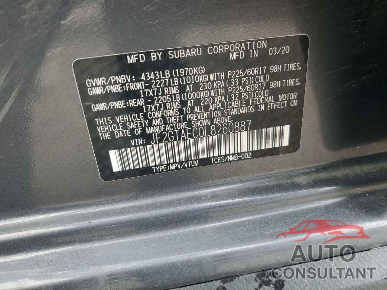 SUBARU CROSSTREK 2020 - JF2GTAEC0L8260887